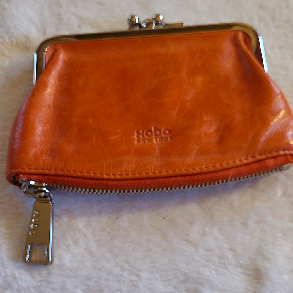 HOBO International Orange Leather Kiss Lock Coin Purse Wallet Pouch Zip Bottom